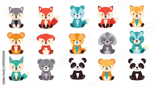 Grid of small and adorable forest animal characters including foxes pandas raccoons and bears in a cute style.