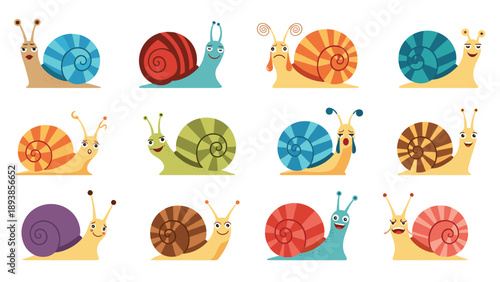 Group of colorful cartoon snails with patterned shells showing different emotions from happy to surprised.