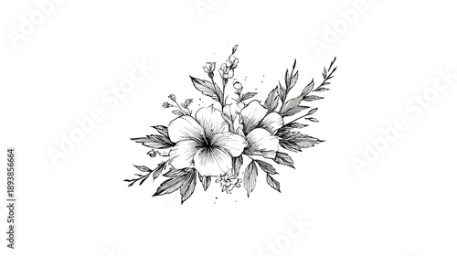 Elegant hand-drawn black and white floral illustration. Botanical sketch with tropical flowers, leaves, and buds for vintage design.
