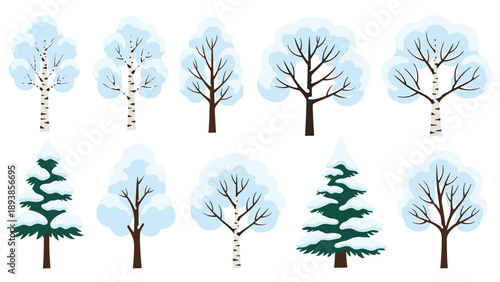 Winter landscape element set featuring various types of trees covered in thick white snow against a white background.