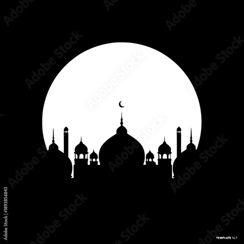 Eid Al-Fitr Mubarak poster, white canvas, light grey floral mandala backdrop, black silhouette Ramadan lanterns hanging vertically, minimalist Islamic art, vector illustration