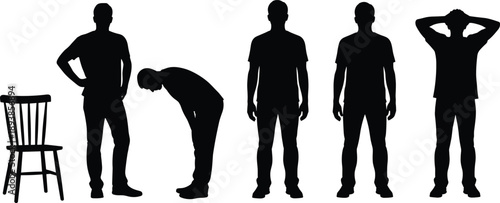 Black silhouette set of men in various poses including standing leaning forward and stretching for lifestyle fashion and community design,