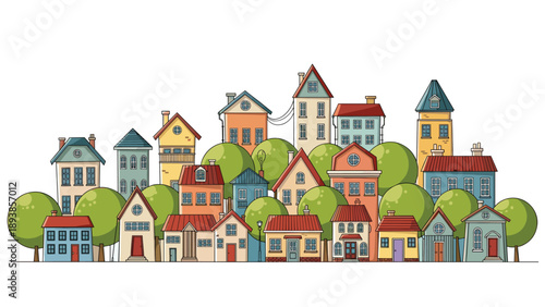 Densely packed row of colorful town houses with unique roof designs and green trees in a picturesque city street.