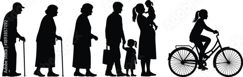 Black silhouette set of people featuring senior citizens with canes, families with children, a pregnant woman, and girl riding bicycle.