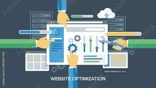 Flat design illustration of website optimization with hands interacting with a computer screen showing settings, progress bars, and data.