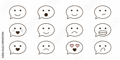 Collection of simple black line drawn emoticons in speech bubbles