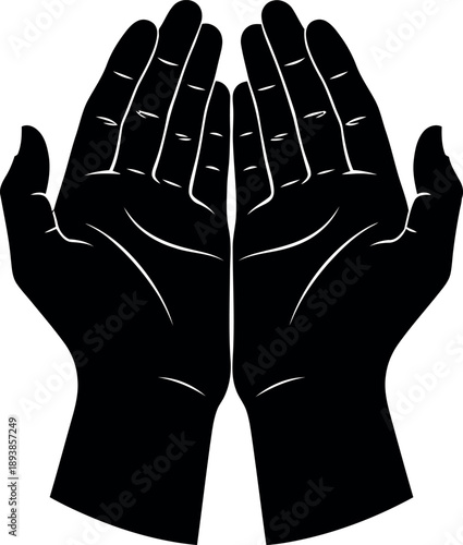 Black silhouette of two hands cupped together white background