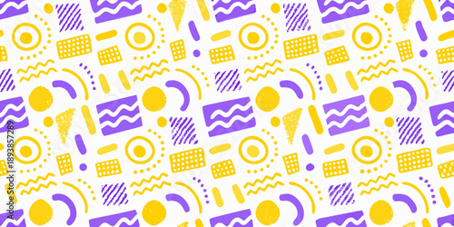 A vibrant repeating pattern of abstract shapes in yellow and purple tones