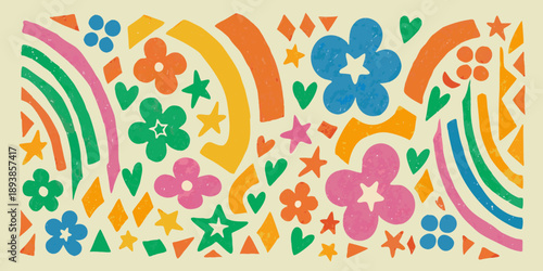 A vibrant retro style pattern featuring flowers stars and rainbow arcs