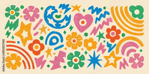 Colorful retro floral and shape pattern with whimsical hand drawn style
