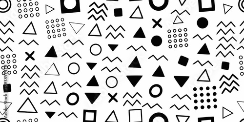 Abstract black and white geometric pattern with triangles circles and lines