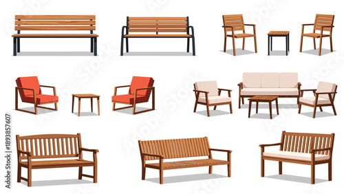 Modern outdoor garden furniture set including wooden benches, comfortable chairs, sofas, and small coffee tables for patio decor on white.