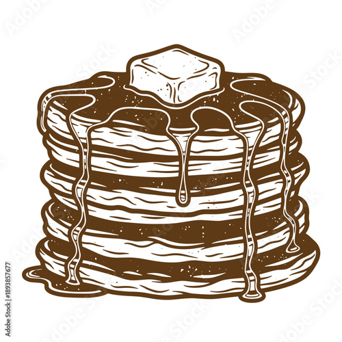 Vintage Grunge texture Brown syrup drips down a stack of pancakes with butter on top isolated on white background