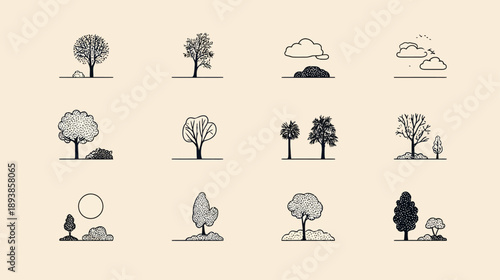Collection of minimalist line art vector illustrations featuring various trees and natural elements. Hand-drawn nature icons.
