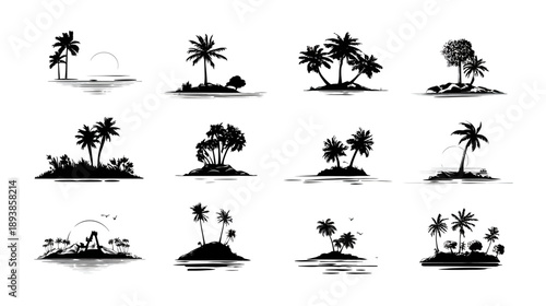 Tropical Island Silhouettes Set with Palm Trees. Exotic Paradise Beach Landscape Vector Illustrations Collection.
