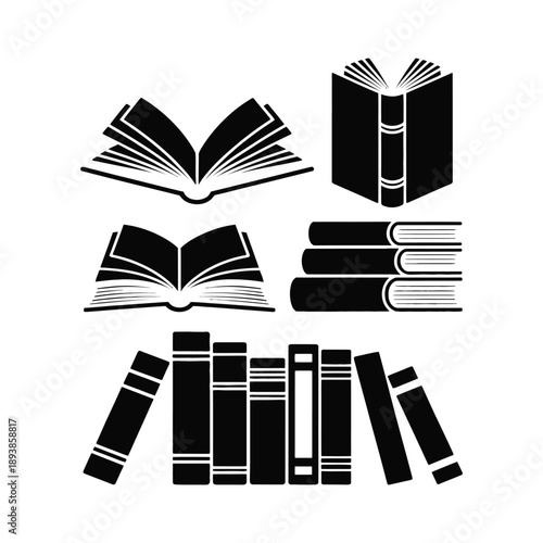 An isolated stack of old textbooks and an open literature book with white paper pages represent a set of vector books used for school education and library study to gain wisdom and knowledge