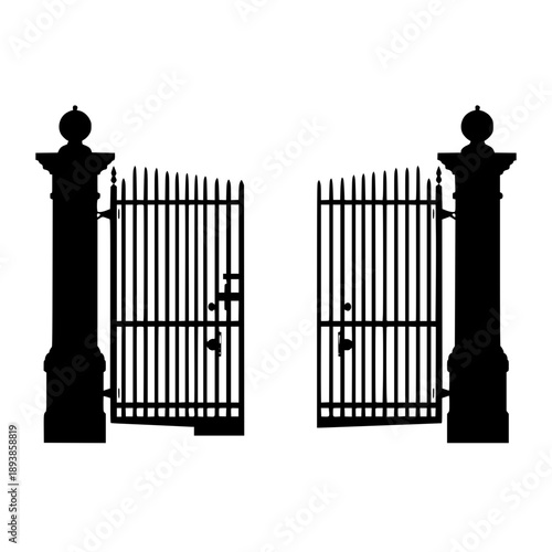 Black iron gate with pillars vector illustration, closed entrance flat design, scalable security graphic