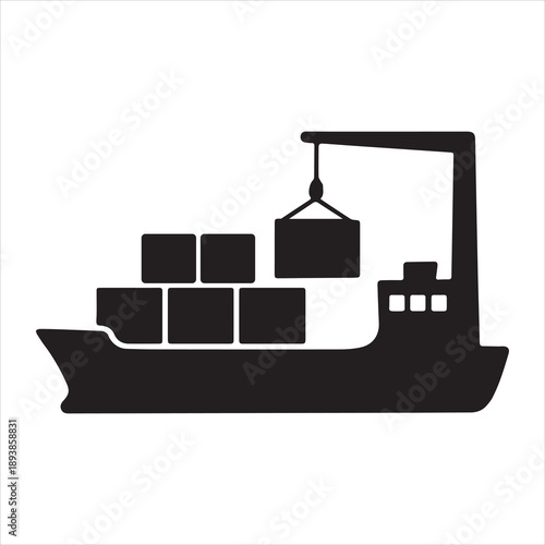 Silhouette cargo ship with containers being loaded vector illustration