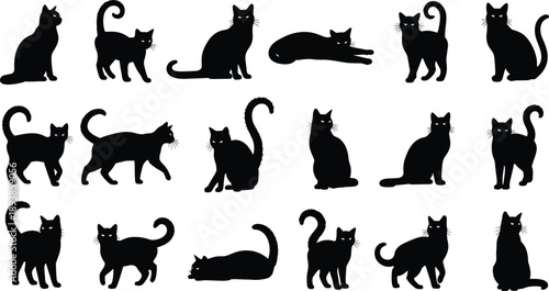 Large collection of black cat silhouettes in various poses including sitting walking jumping and stretching for pet animal and halloween designs,