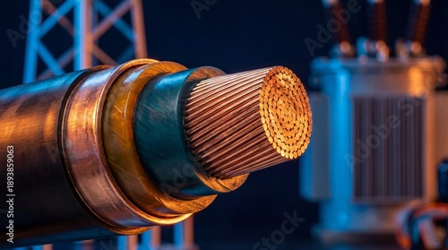Detailed macro shot showcases the intricate design of a high-voltage cable, its core of conductive copper wires is exposed and a part of transformer station background.