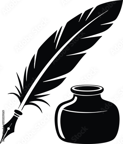 Stylized Vintage Stationery and Literature Emblem, Minimalist Quill Pen and Ink Pot Silhouette, vector, illustration, silhouette.