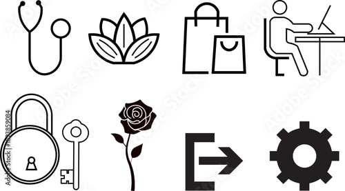 Vector illustration set of gardening tools icons with black sketch silhouettes and simple symbolic design elements for garden tool collections and creative projects