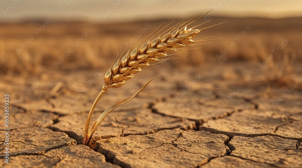 Fototapeta premium A resilient stalk of wheat emerges from the arid earth, embodying the power of nature's perseverance and adaptability. A lone wheat spear stands tall in the cracked ground.
