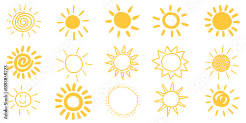 Hand-drawn doodle set of yellow suns on a white background.
