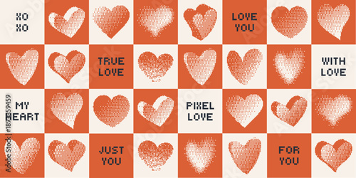 Pixel love hearts checkerboard seamless pattern with romantic retro valentine phrases. Vector bitmap halftone texture background for romantic design, textile, wrapping paper, posters and digital decor