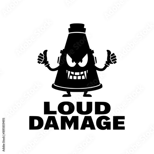 Angry loudspeaker robot with sharp teeth yelling loud damage vector illustration flat design