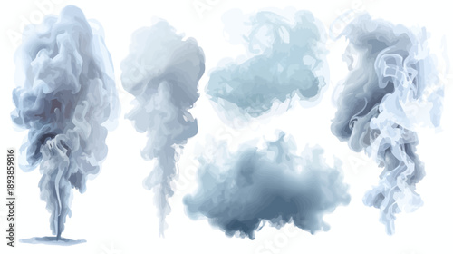 Set of white and blue smoke, steam, fog, and cloud elements on a clean background for design effects and overlays