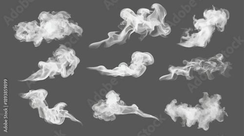 White smoke and steam collection on dark background. Realistic vapor, fog, and mist elements for visual effects, abstract design, and overlays.