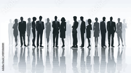 Diverse group of professional business people silhouettes standing together, representing teamwork, community, and global connection.