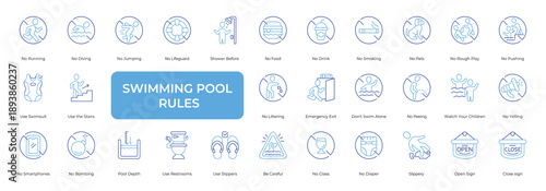 Swimming Pool Rules Icon set Collection in Line Two Color Style. swimming, pool, rules, safety, warning, instruction