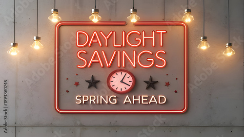 Daylight savings spring ahead neon sign illuminating the annual time change event