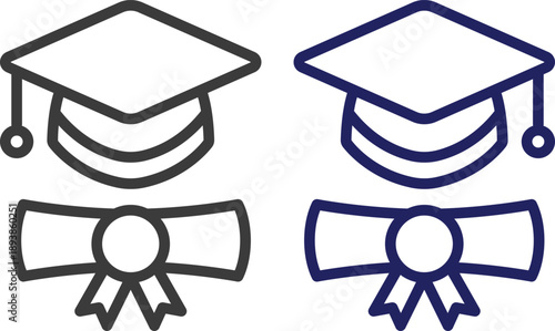 Graduation Cap Icons Set with Diploma and Celebrating Students. Academic cap symbol for university, college, or school ceremony and commencement.