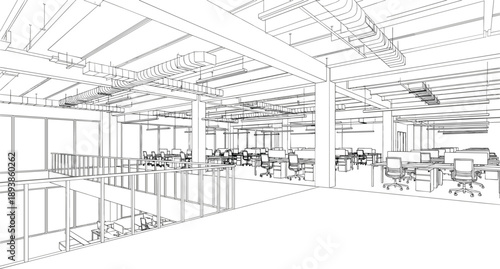 Modern open plan office interior architectural wireframe with technical line art showing desks workstations and exposed ceiling ductwork, vector