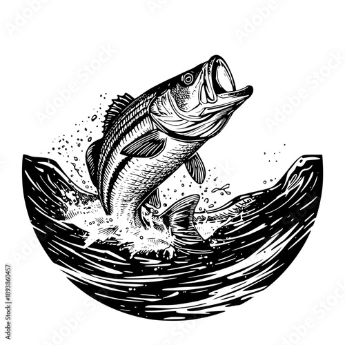 Leaping Bass Fish Breaking Water Surface vector illustration
