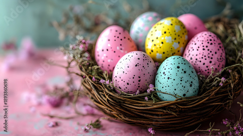 Colorful eggs in a woven nest with flowers on a pink surface during Easter season