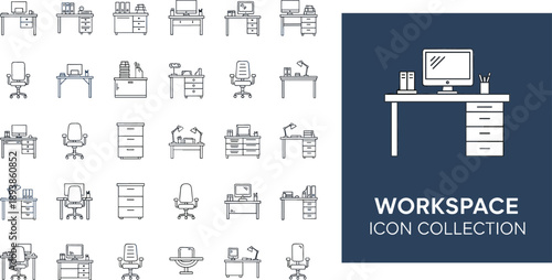 Workspace icon collection featuring office desks ergonomic chairs computer monitors storage cabinets and professional furniture line art symbols, vector