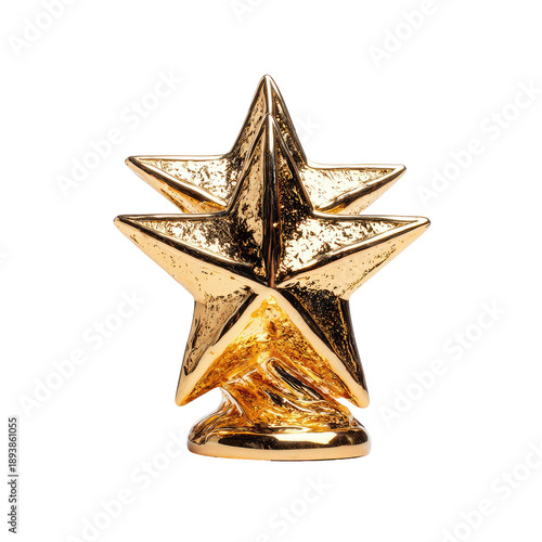 Two gold stars, joined at base, sit atop a swirling, gold pedestal