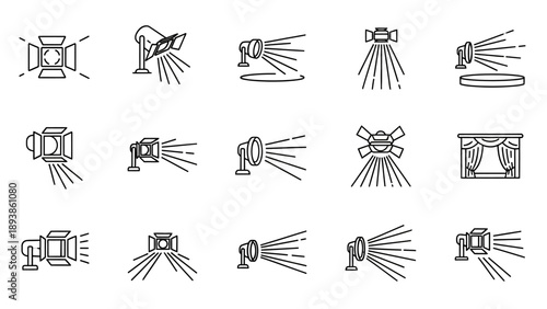 Spotlights and stage lights icons set.