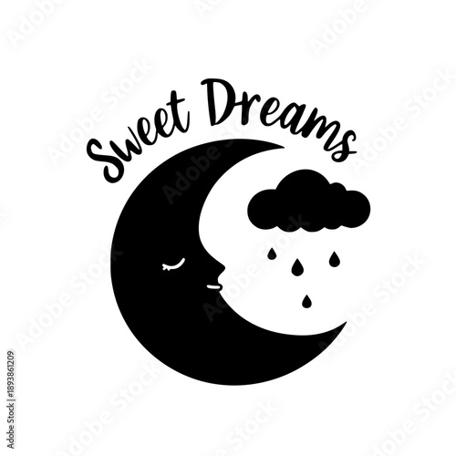 Sleeping crescent moon with clouds and tears sweet dreams night vector illustration