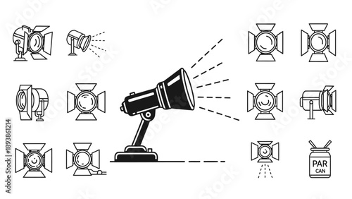 Studio spotlight with various attachments.