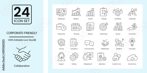 Corporate  Friendly line editable set stock icon set. Leadership, Teamwork, Growth, Analytics, Innovation, Compliance, Productivity