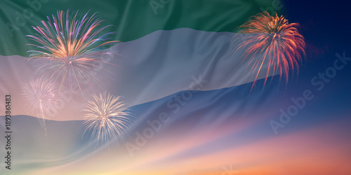 Photos Waving National flags of Sierra Leone In sky with fireworks and text