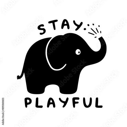 Playful elephant stay home vector illustration, minimalist flat design animal art, black and white scalable graphic