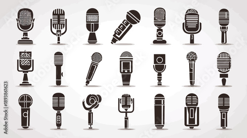 Collection of vintage and modern microphone icons. Audio recording, live performance, podcasting, broadcast, music, sound, voice symbols.