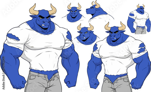 Character design sheet showcasing a muscular blue minotaur male wearing a ripped white t-shirt with various poses and facial expressions.