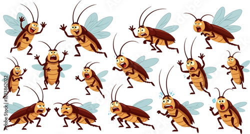 Collection of pixel art animated sprites depicting a brown flying cockroach expressing various intense emotions and running movements for game development
